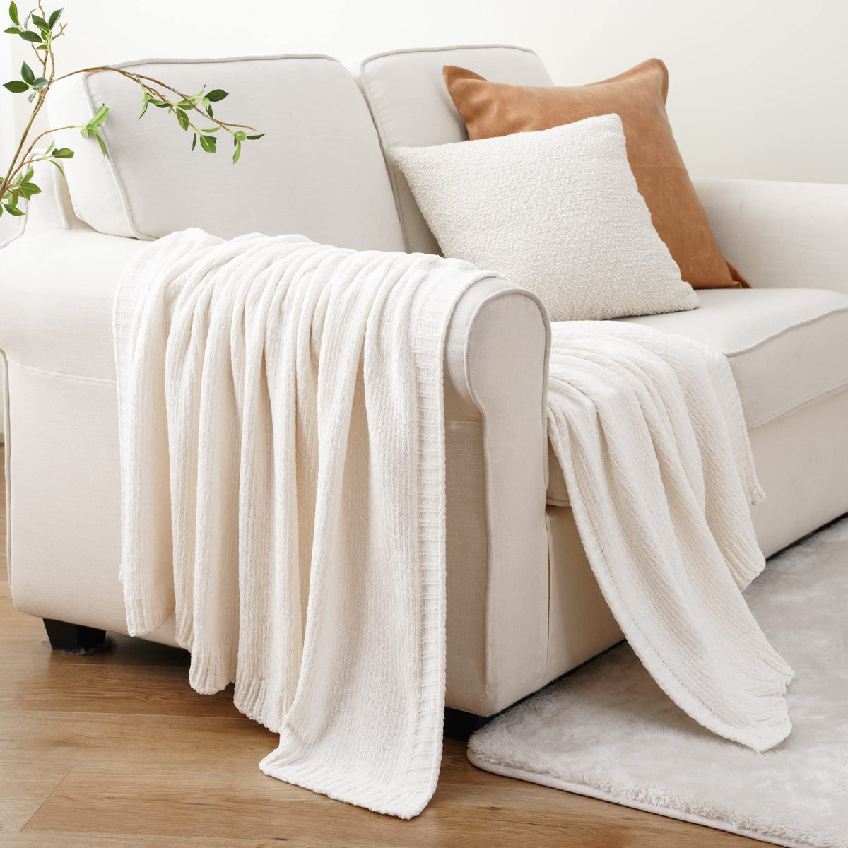 Chenille Throw Blanket for Couch, Knit Throw Blanket 51"x67", Ivory White
