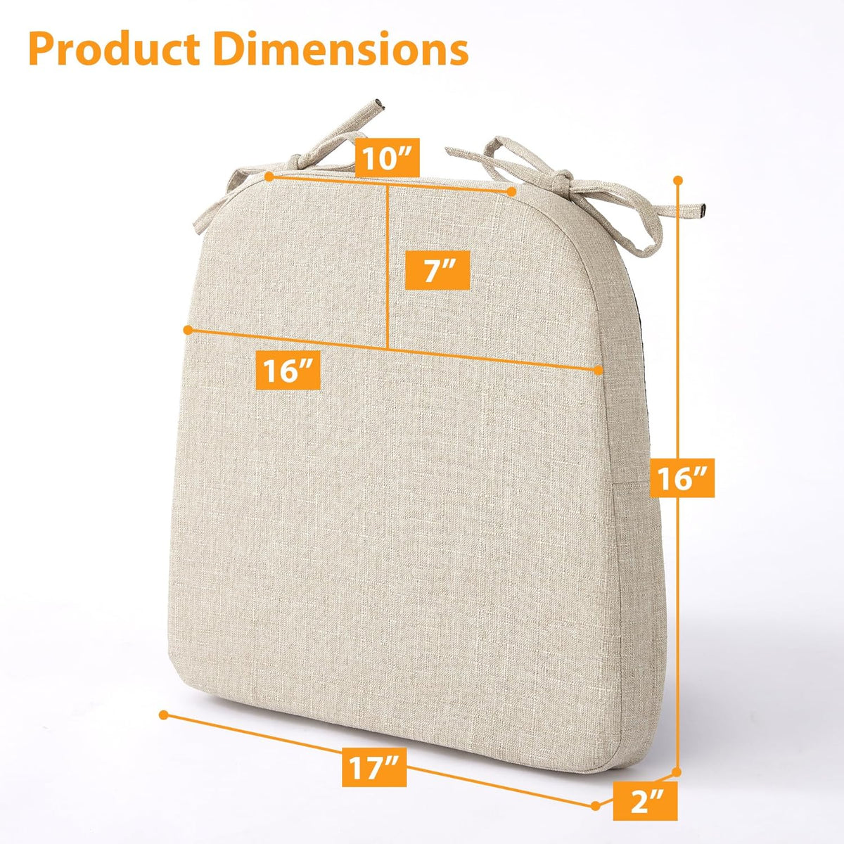 Ruqmuis Chair Cushions for Dining Chairs, 2" Thick Seat Cushions for Kitchen Chairs, D-Shaped Chair Pads with Washable Cover, Ties and Non Slip Backing, 17'' x 16'', Set of 4, Beige