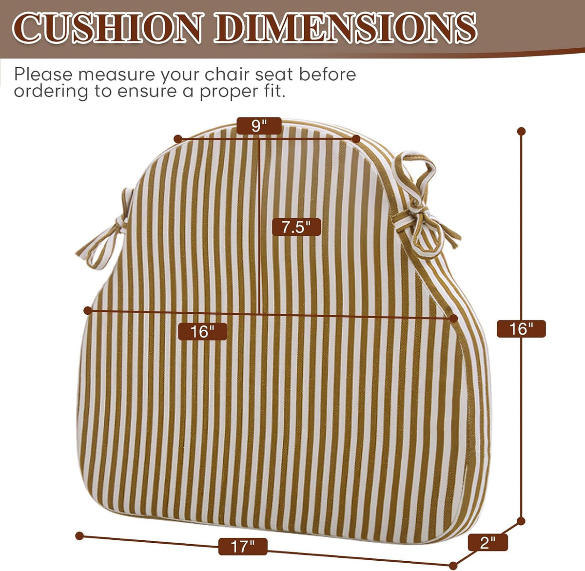 Brown Striped Winsor Chair Cushions Pads with Ties Set of 2