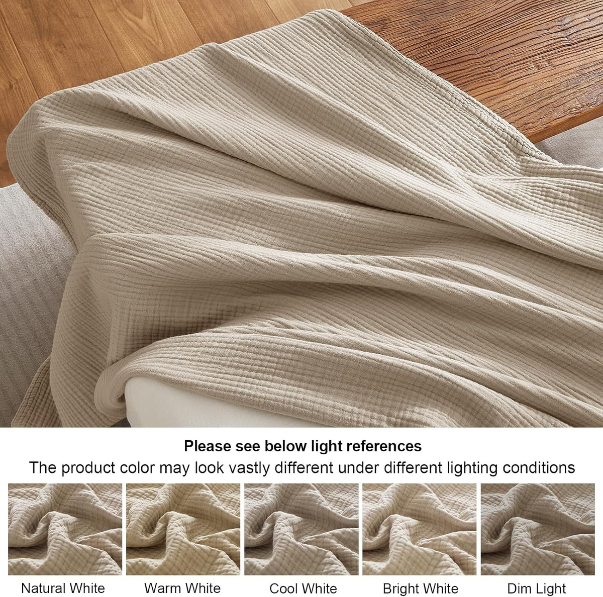 PHF 100% Cotton Muslin Blanket for Adults, Queen Size 90"X90", Taupe