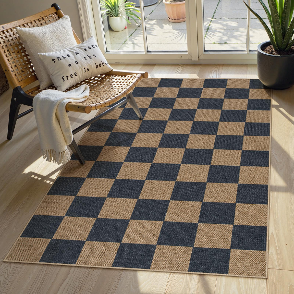 Lahome Checkered Easy Jute Non Slip Front Door Mat, 2x3 Kitchen Rug Neutral Small Throw Rug, Farmhouse Diamond Washable Non Shedding Low Pile Black Floor Carpet for Entryway Front Porch Doorway