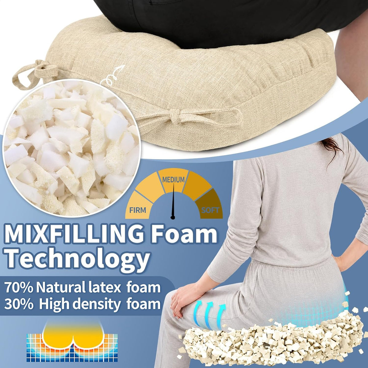 BUYUE 2-in-1 Chair Cushion for Dining Chair – Detachable Double-Layer, Use as 2 Seat Pads or 1 Extra-Thick Pad, Latex Foam, Non-Slip, Beige