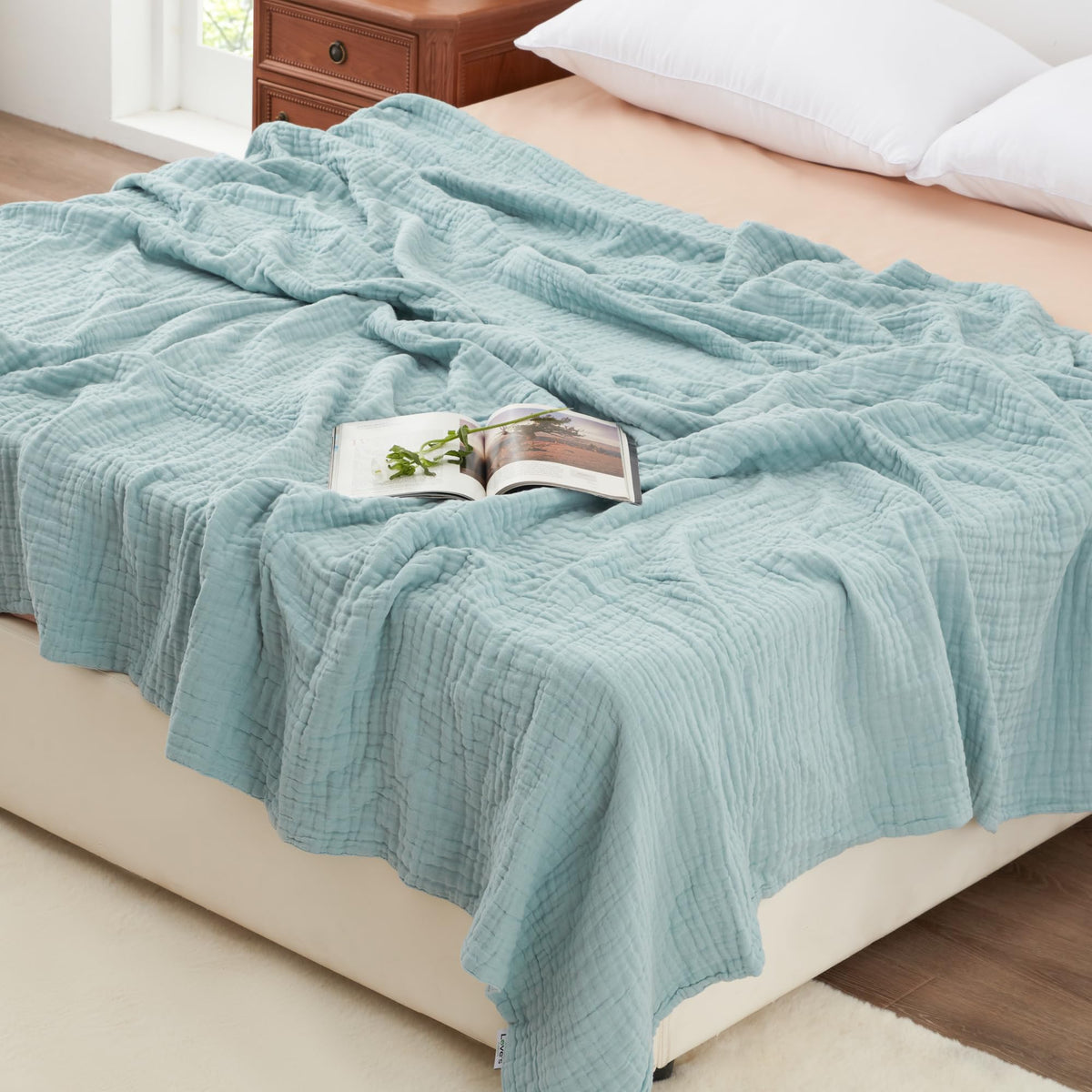 Love's cabin 100% Cotton Muslin Blanket Throw for Couch, Khaki
