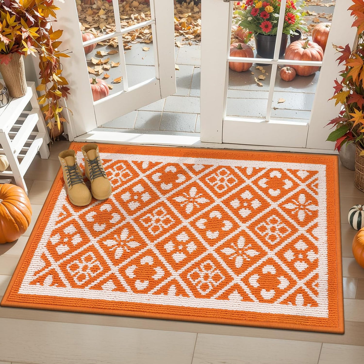 Ileading Fall Indoor Door Mat Washable Orange Muddy Rugs for Dogs 2x3ft