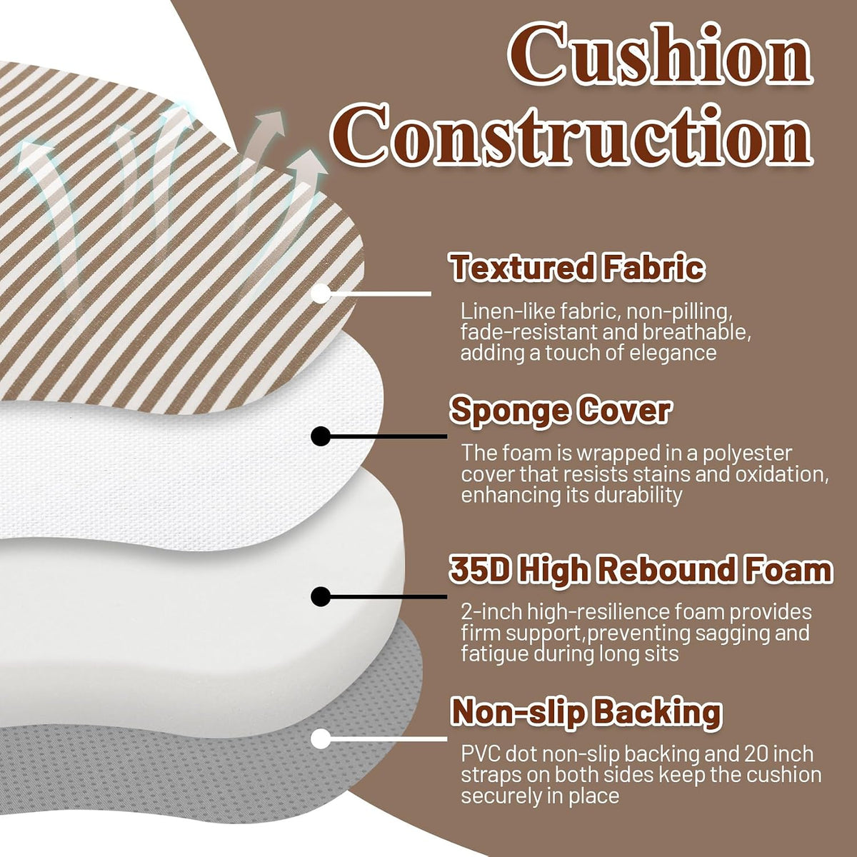Brown Striped Winsor Chair Cushions Pads with Ties Set of 2
