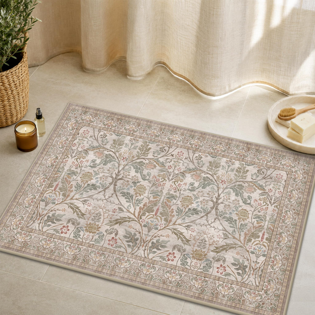 Dark Brown 2x3 Washable Entry Rug, Throw Small Rugs for Entryway Kitchen Bathroom Indoor Door Mat, Farmhouse Floral & Botanical Door Mats, Low Pile Soft Stain Resistant Carpet