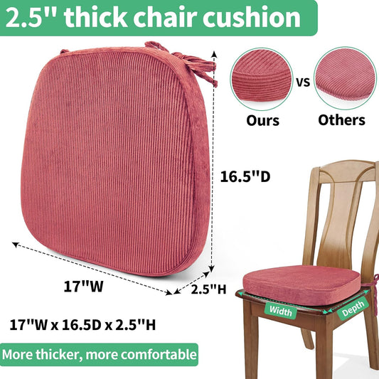 2.5" Thick Chair Cushions for Dining Chair, Corduroy High Density Foam Kitchen Chair Pads, U Shaped Indoor Seat Cushions with Ties & Non-Slip Backing, Washable Cover, 17''x16.5'', Pink
