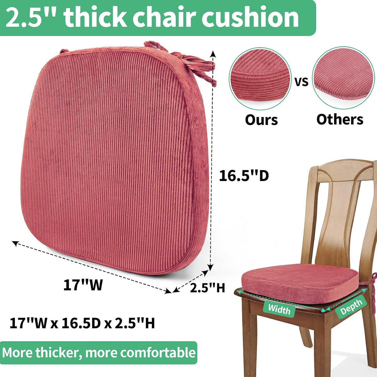 2.5" Thick Chair Cushions for Dining Chair, Corduroy High Density Foam Kitchen Chair Pads, U Shaped Indoor Seat Cushions with Ties & Non-Slip Backing, Washable Cover, 17''x16.5'', Pink