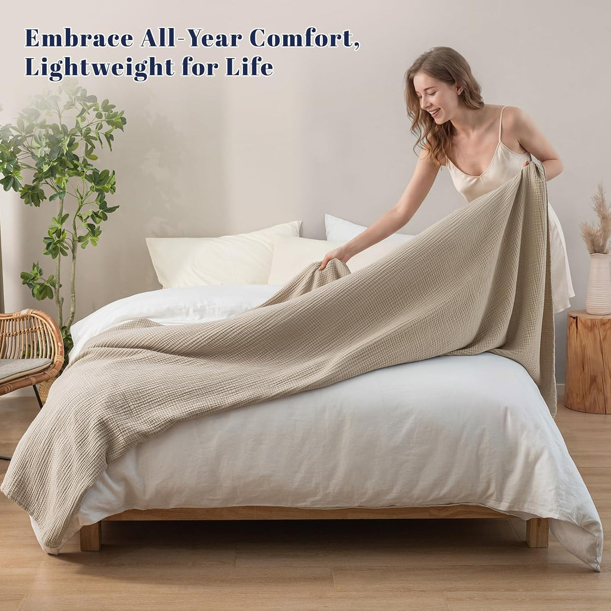 PHF 100% Cotton Muslin Blanket for Adults, Queen Size 90"X90", Taupe