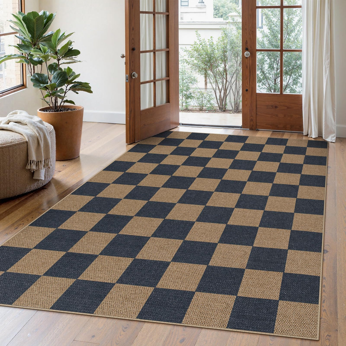 Lahome Checkered Easy Jute Non Slip Front Door Mat, 2x3 Kitchen Rug Neutral Small Throw Rug, Farmhouse Diamond Washable Non Shedding Low Pile Black Floor Carpet for Entryway Front Porch Doorway