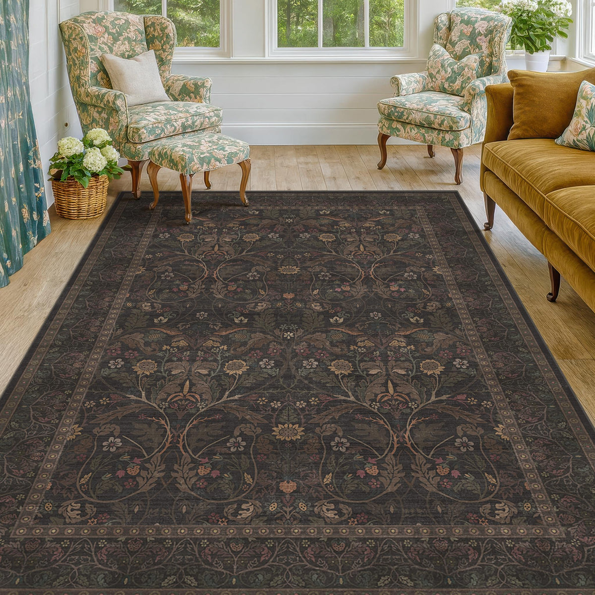 Dark Brown 2x3 Washable Entry Rug, Throw Small Rugs for Entryway Kitchen Bathroom Indoor Door Mat, Farmhouse Floral & Botanical Door Mats, Low Pile Soft Stain Resistant Carpet