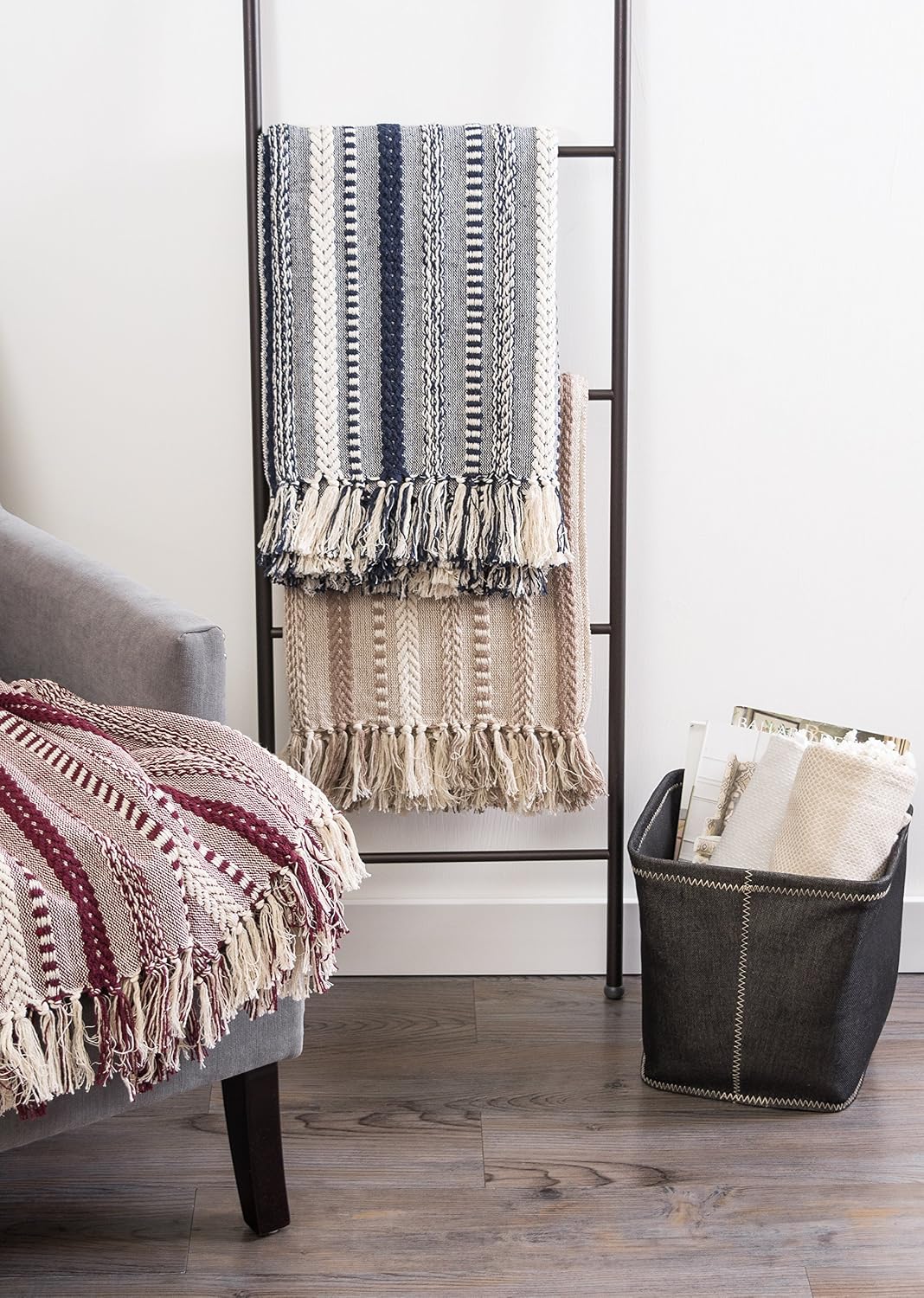 DII Braided Striped Throw Blanket, 50x60, Stone on Cream
