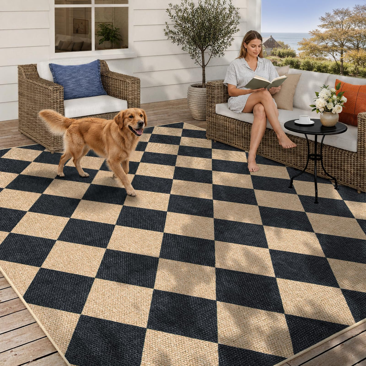 Lahome Checkered Easy Jute Non Slip Front Door Mat, 2x3 Kitchen Rug Neutral Small Throw Rug, Farmhouse Diamond Washable Non Shedding Low Pile Black Floor Carpet for Entryway Front Porch Doorway