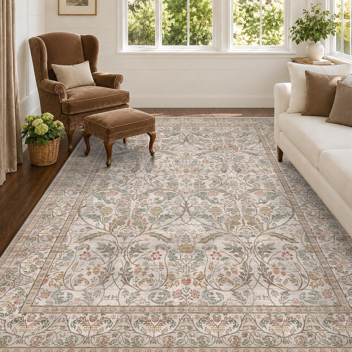 Dark Brown 2x3 Washable Entry Rug, Throw Small Rugs for Entryway Kitchen Bathroom Indoor Door Mat, Farmhouse Floral & Botanical Door Mats, Low Pile Soft Stain Resistant Carpet