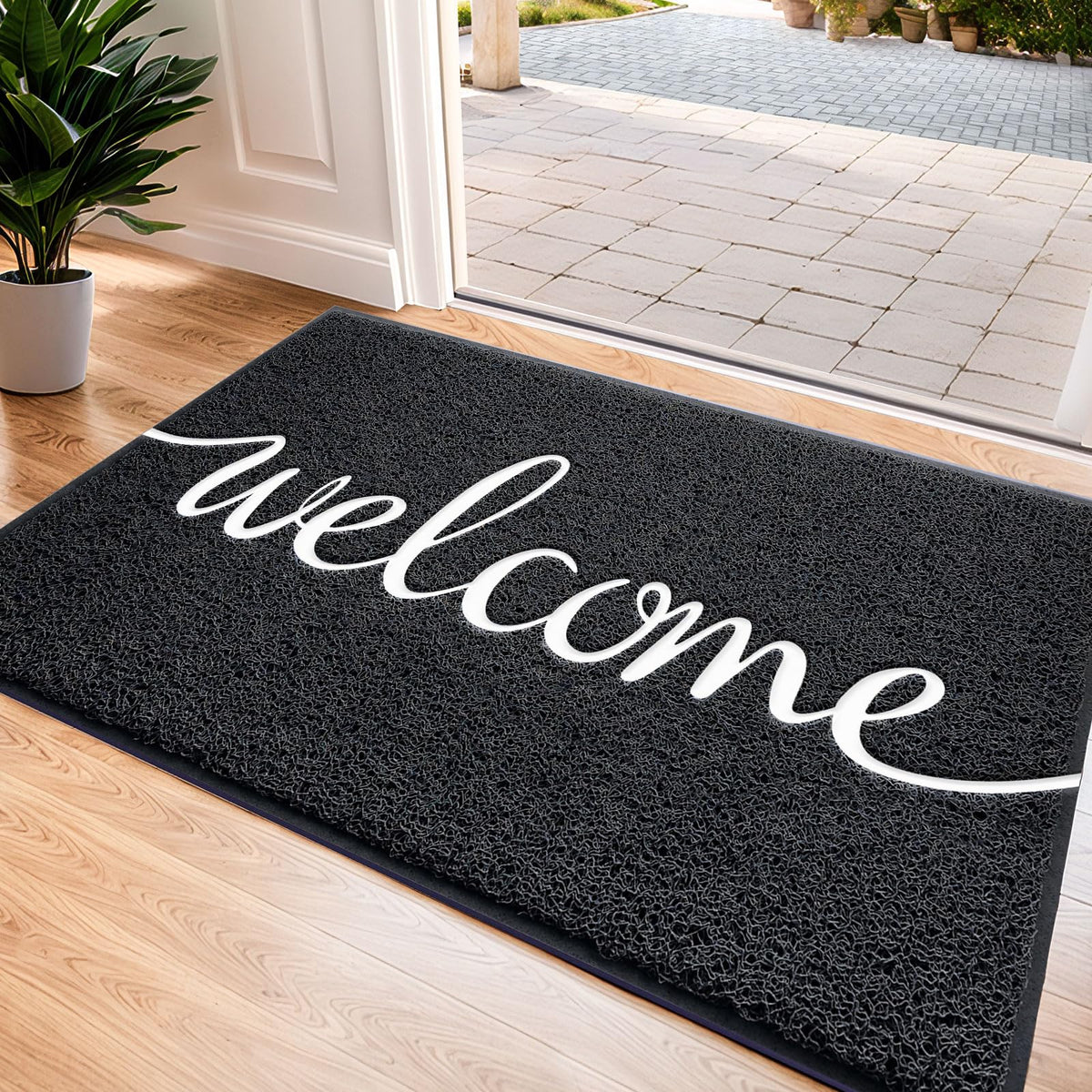 CozyBounty Black Door Mat Welcome Mats Outdoor Indoor Non-Slip Doormat for Entryway Low-Profile Floor Mat for Yard, Garage, High Traffic Areas (30"x17.5", Black)