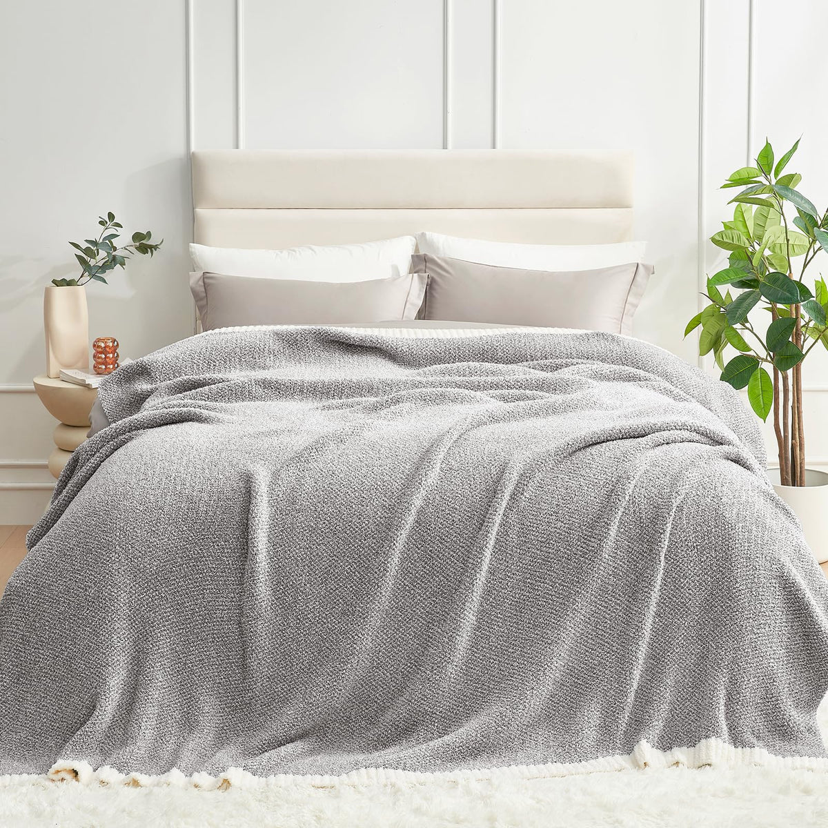 Snuggle Sac Buttery Ivory Throw Blanket for Couch, Reversible Super Soft Knitted Blankets, Warm Cozy Knit Fuzzy Plush Lightweight Throws Dupes for Sofa, Bed, Picnic, Ivory, 50 x 60 inches