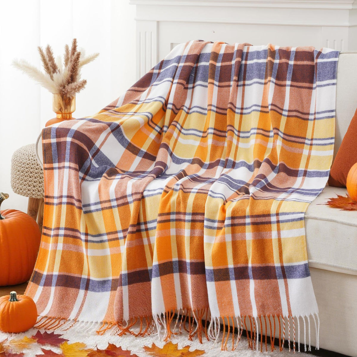 Fall Plaid Throw Blanket for Couch, Rustic Knit Throw Blanket 50"x60"
