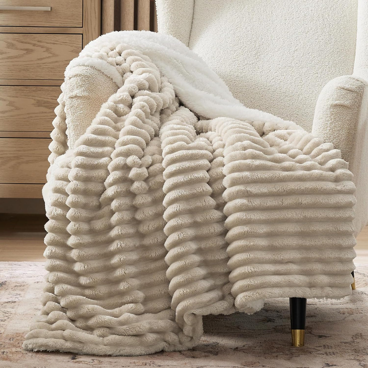 Bedsure Sherpa Throw Blanket for Couch - Super Soft, Comfort Cozy Fleece Thick Warm Blanket for Women, GentleSoft Plush & Fluffy Winter Throw Gift for Women, Room Decor, Beige, 50x60 Inches