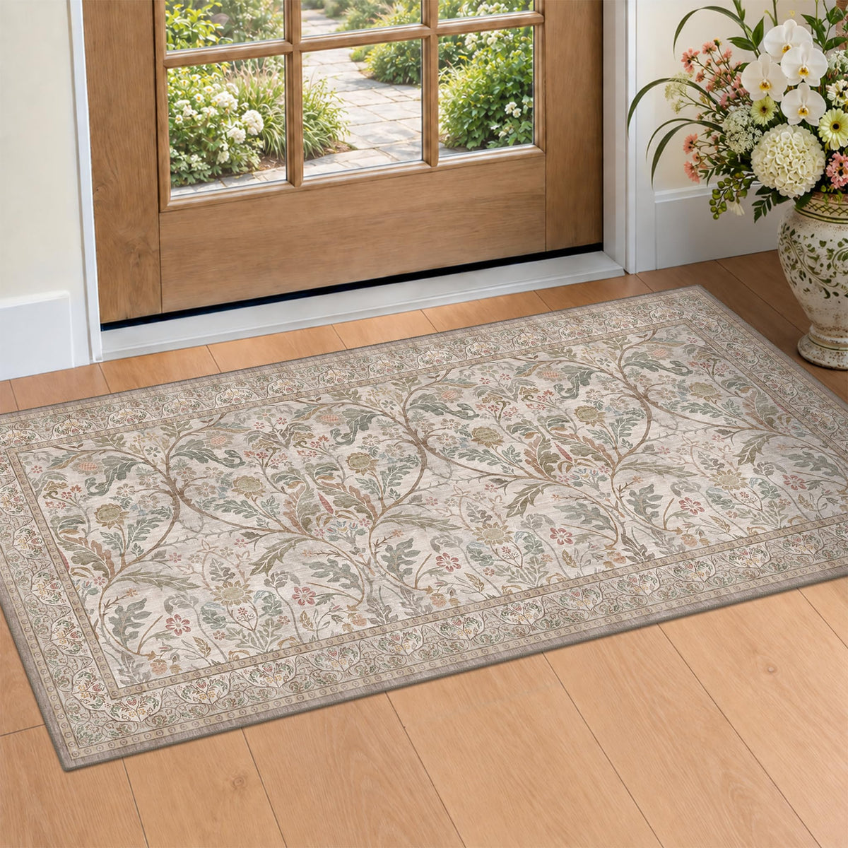 Dark Brown 2x3 Washable Entry Rug, Throw Small Rugs for Entryway Kitchen Bathroom Indoor Door Mat, Farmhouse Floral & Botanical Door Mats, Low Pile Soft Stain Resistant Carpet