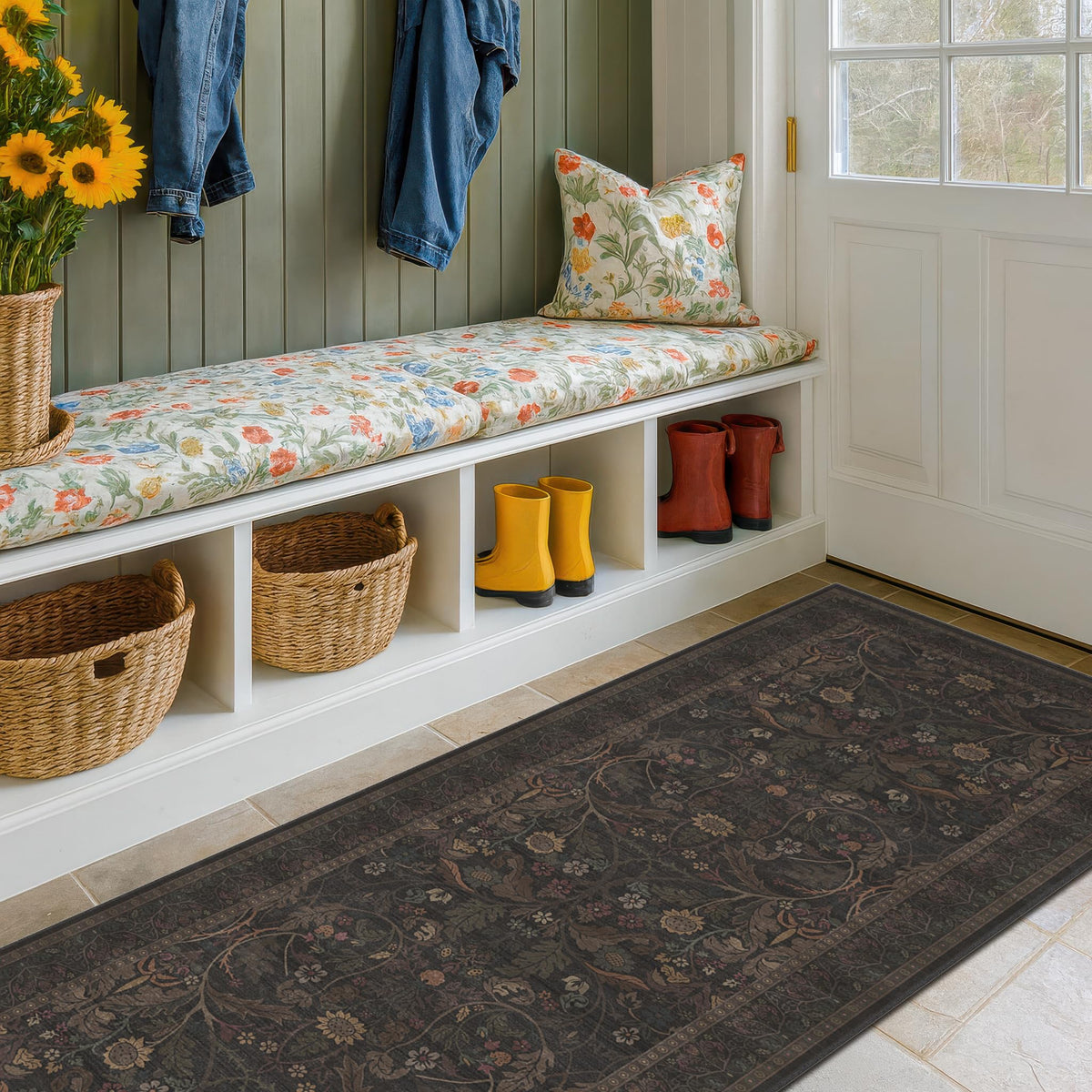 Dark Brown 2x3 Washable Entry Rug, Throw Small Rugs for Entryway Kitchen Bathroom Indoor Door Mat, Farmhouse Floral & Botanical Door Mats, Low Pile Soft Stain Resistant Carpet