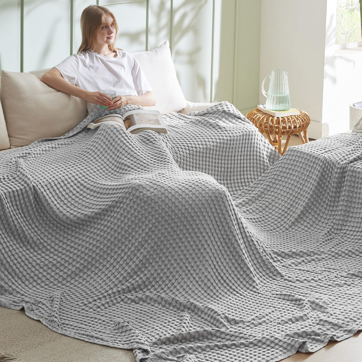 Bedsure Cooling Waffle Blanket for Hot Sleepers, Natural, King, 104" X 90"