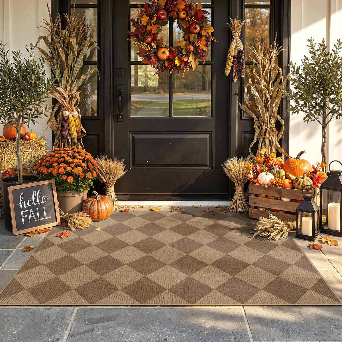 Lahome Checkered Easy Jute Non Slip Front Door Mat, 2x3 Kitchen Rug Neutral Small Throw Rug, Farmhouse Diamond Washable Non Shedding Low Pile Black Floor Carpet for Entryway Front Porch Doorway