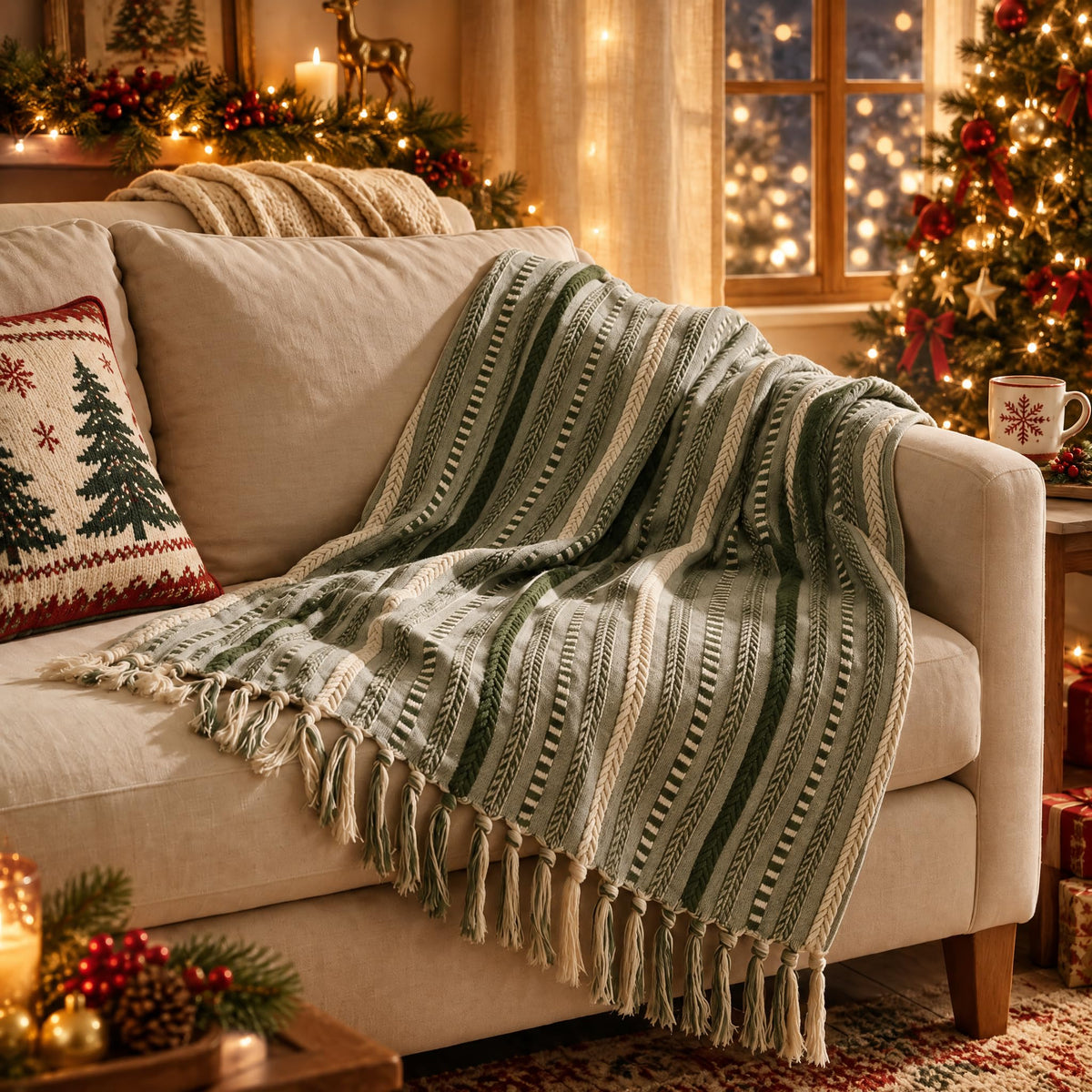 Horaldaily Braided Striped Decorative Throw Blanket, Grey Soft Cozy Blanket with Tassels for Couch Sofa Chair Bed Home Decor, Ideal Gifts for Daily Holiday Use 50x60