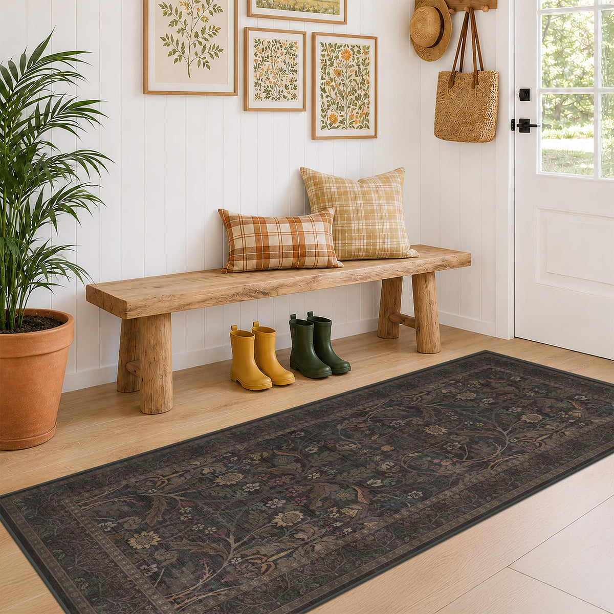 Dark Brown 2x3 Washable Entry Rug, Throw Small Rugs for Entryway Kitchen Bathroom Indoor Door Mat, Farmhouse Floral & Botanical Door Mats, Low Pile Soft Stain Resistant Carpet