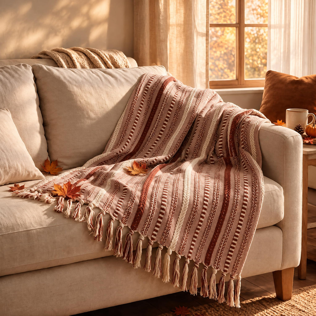 Horaldaily Braided Striped Decorative Throw Blanket, Grey Soft Cozy Blanket with Tassels for Couch Sofa Chair Bed Home Decor, Ideal Gifts for Daily Holiday Use 50x60