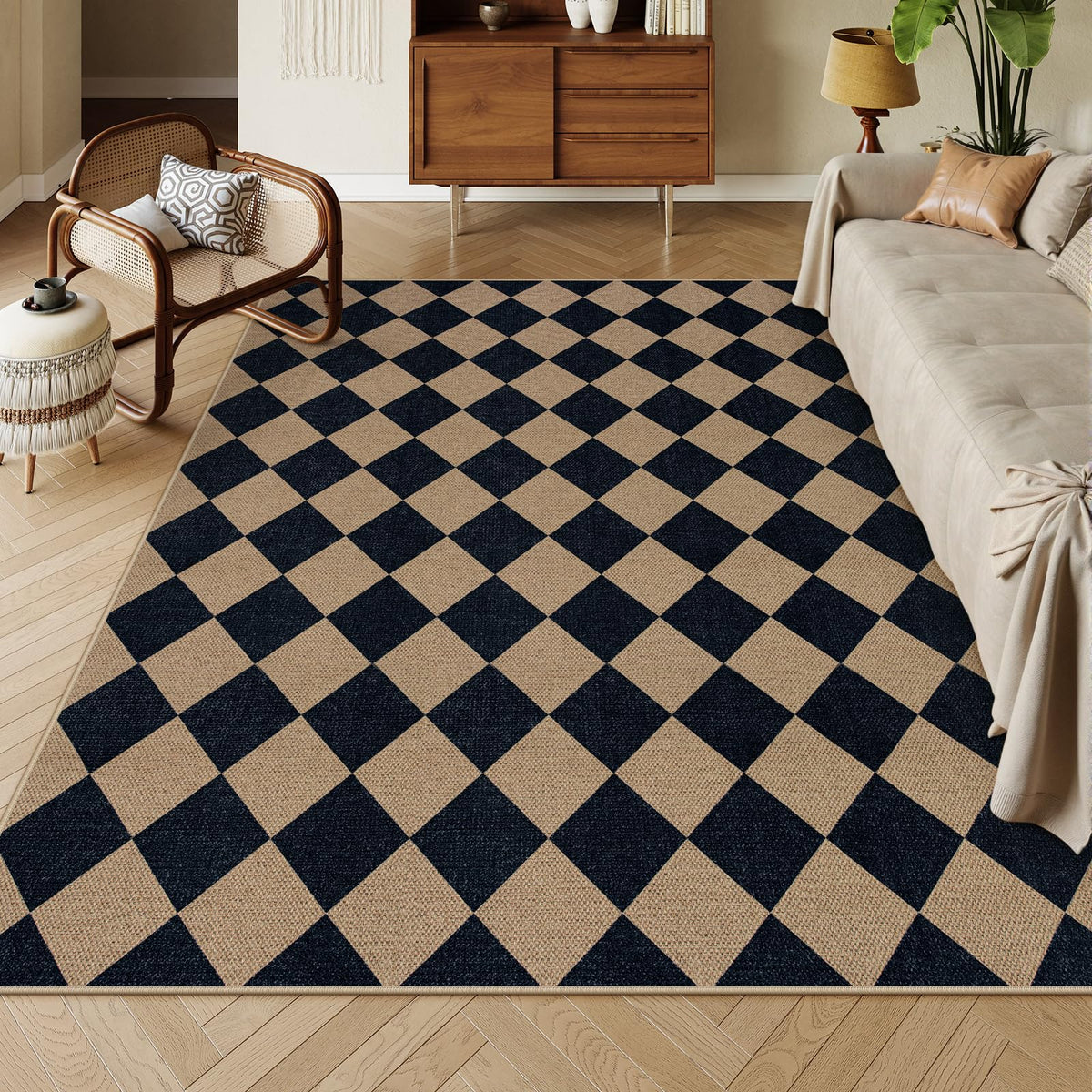Lahome Checkered Easy Jute Non Slip Front Door Mat, 2x3 Kitchen Rug Neutral Small Throw Rug, Farmhouse Diamond Washable Non Shedding Low Pile Black Floor Carpet for Entryway Front Porch Doorway
