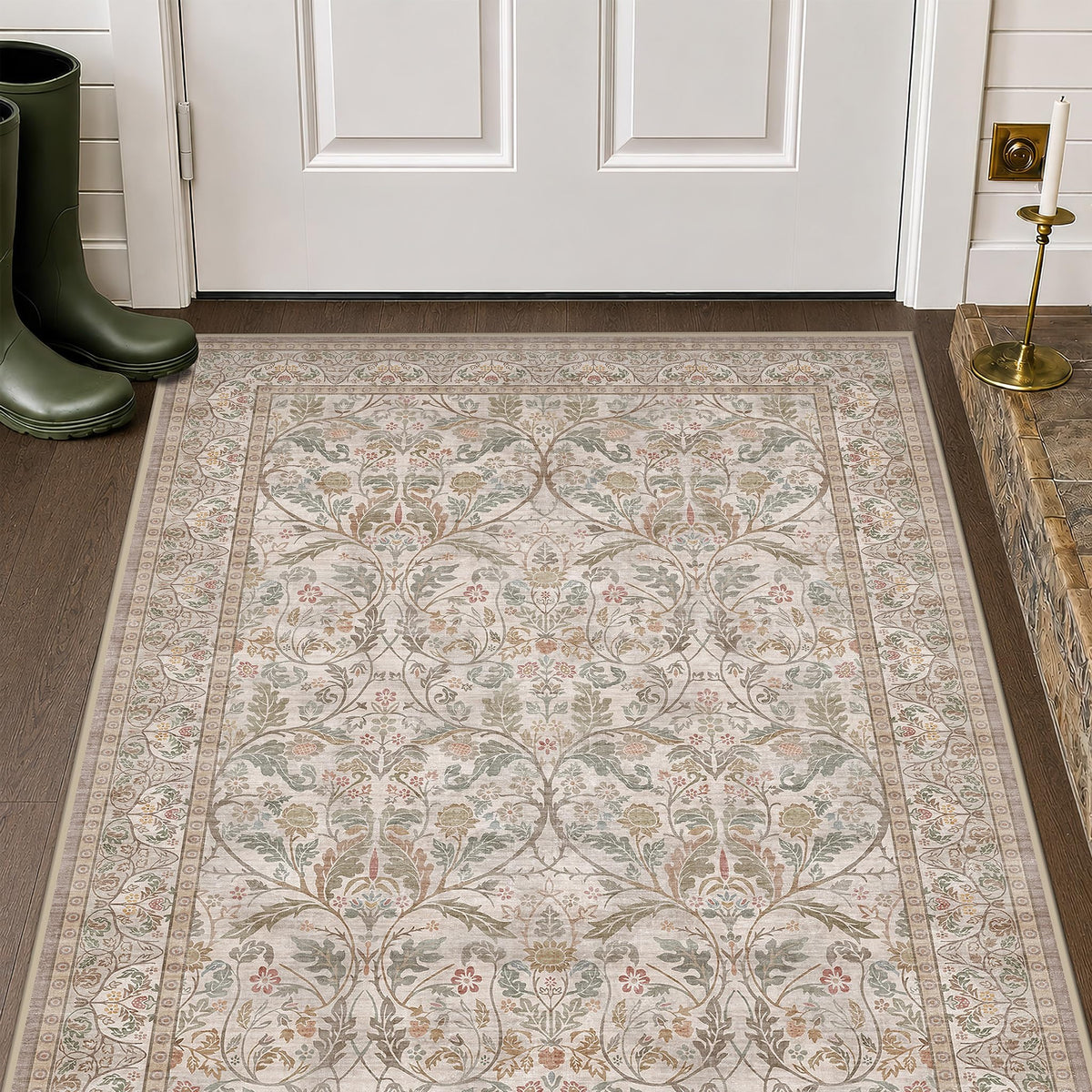 Dark Brown 2x3 Washable Entry Rug, Throw Small Rugs for Entryway Kitchen Bathroom Indoor Door Mat, Farmhouse Floral & Botanical Door Mats, Low Pile Soft Stain Resistant Carpet