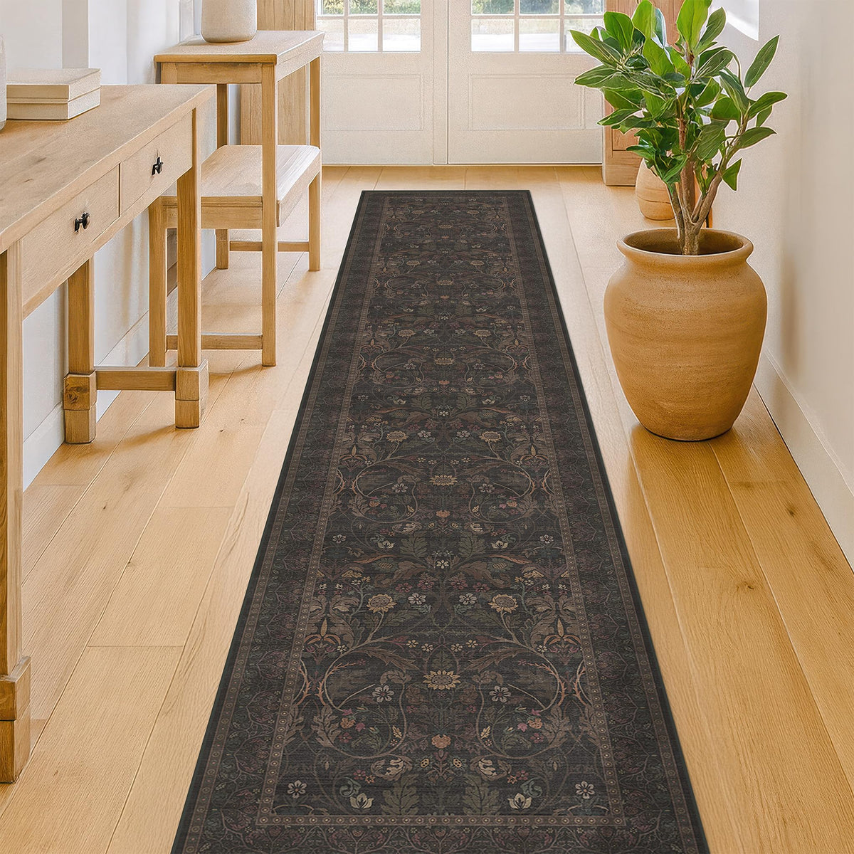 Dark Brown 2x3 Washable Entry Rug, Throw Small Rugs for Entryway Kitchen Bathroom Indoor Door Mat, Farmhouse Floral & Botanical Door Mats, Low Pile Soft Stain Resistant Carpet