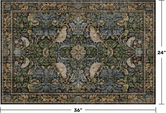 Hazo Haus Washable Dark Vintage Floral Rugs for Entryway - Small 2x3 Washable Rug for Kitchen Bathroom Door Mat Indoor Entrance with Bird & Botanical Pattern, Brown Earthy Tones, Non Slip Low Pile