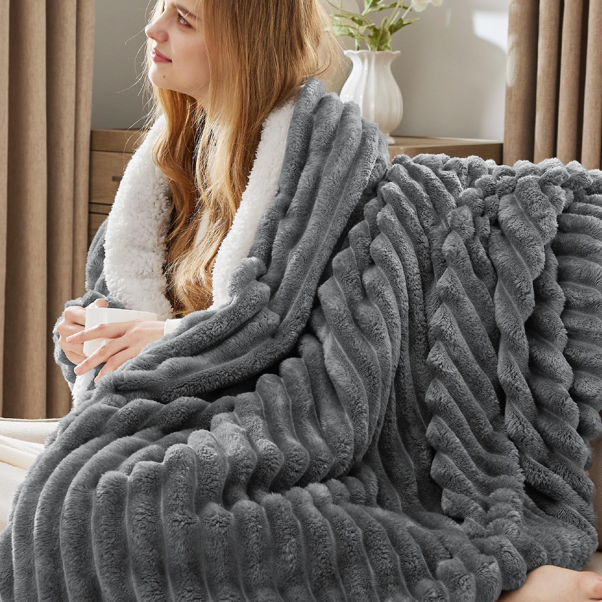 Bedsure Sherpa Throw Blanket for Couch - Super Soft, Comfort Cozy Fleece Thick Warm Blanket for Women, GentleSoft Plush & Fluffy Winter Throw Gift for Women, Room Decor, Beige, 50x60 Inches