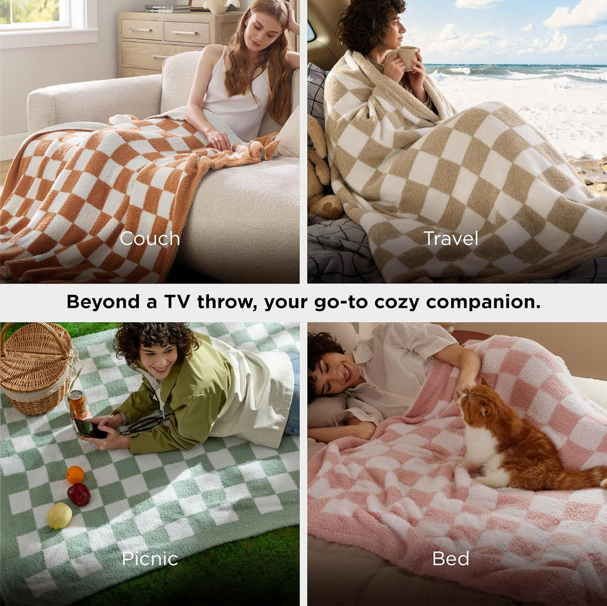Bedsure Beige Fall Throw Blanket for Couch, Cozy Soft Checkered Blanket, Lightweight Warm Knit Fluffy Throw Blankets for Bed Sofa, Camping, Picnic, Travel, Gifts for Women Men, 50x60 Inches