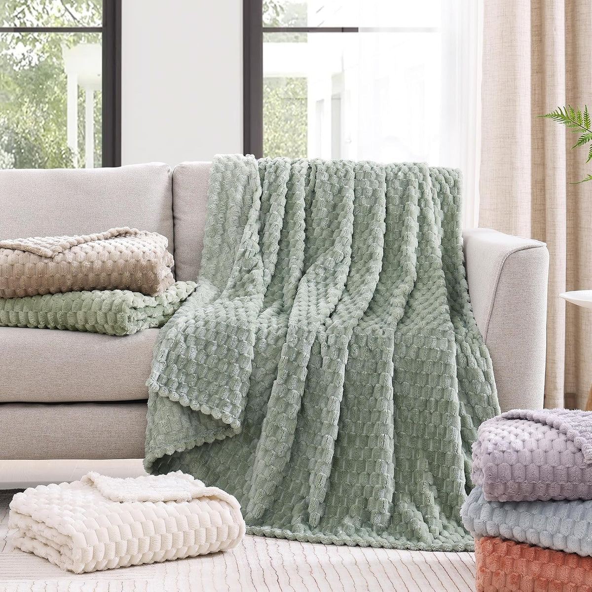 Monbix Throw Blanket for Couch-Room Decor Fuzzy Fleece Flannel Bed Blankets