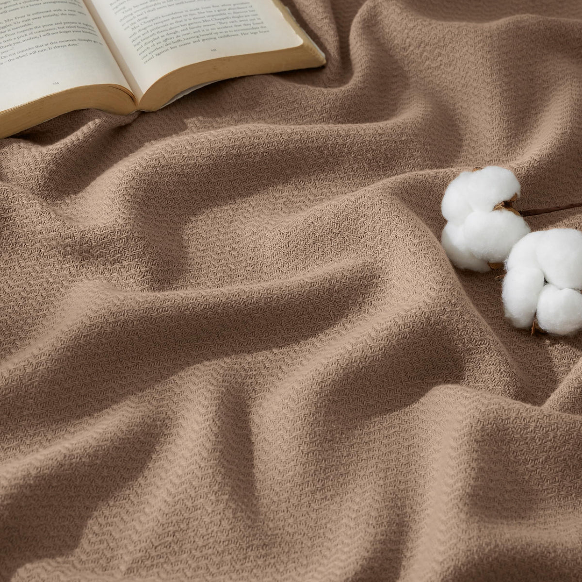 Bedsure 100% Cotton Blanket, Herringbone Weave, Throw XL, Linen Beige
