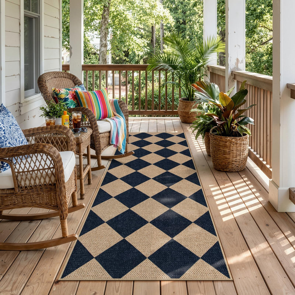 Lahome Checkered Easy Jute Non Slip Front Door Mat, 2x3 Kitchen Rug Neutral Small Throw Rug, Farmhouse Diamond Washable Non Shedding Low Pile Black Floor Carpet for Entryway Front Porch Doorway