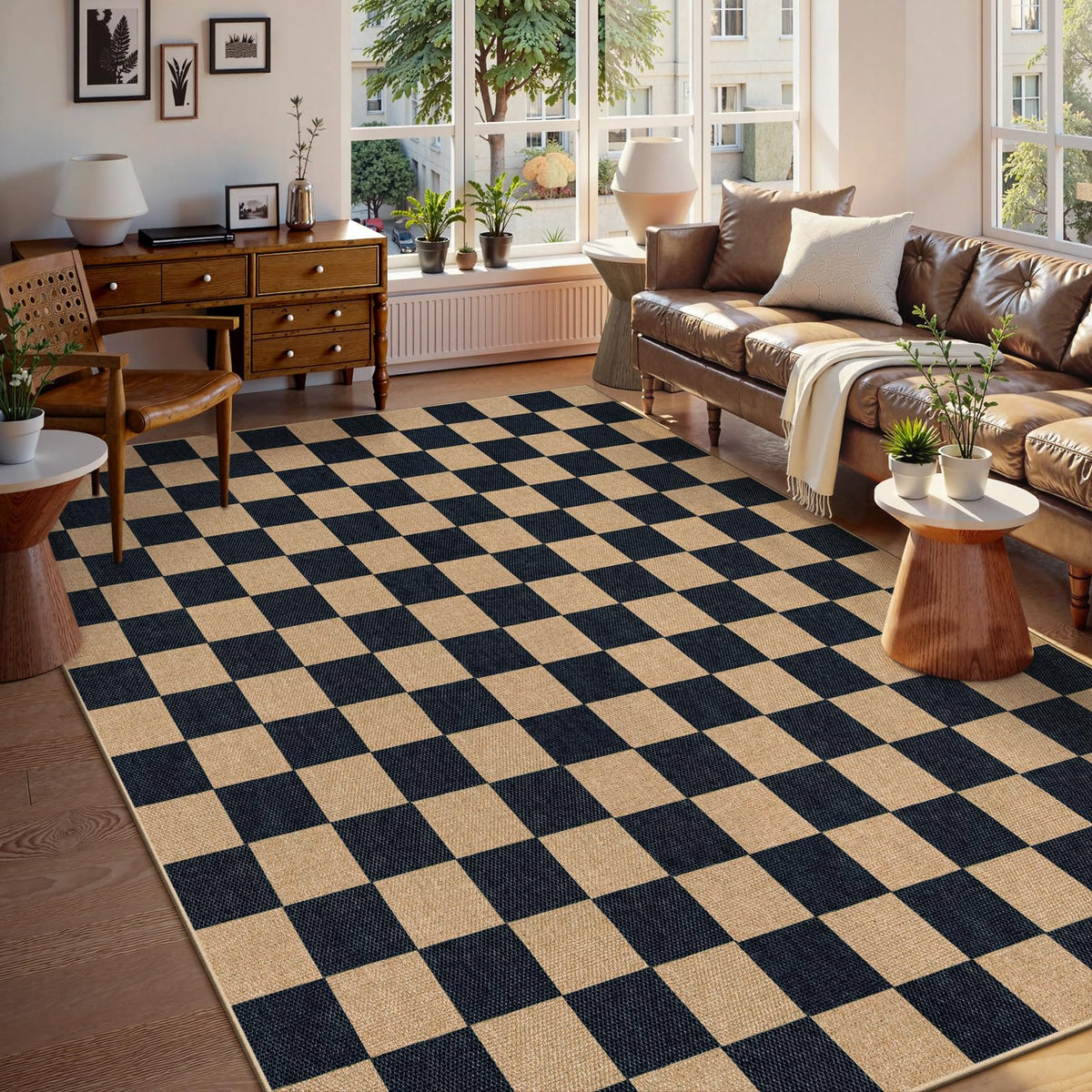 Lahome Checkered Easy Jute Non Slip Front Door Mat, 2x3 Kitchen Rug Neutral Small Throw Rug, Farmhouse Diamond Washable Non Shedding Low Pile Black Floor Carpet for Entryway Front Porch Doorway