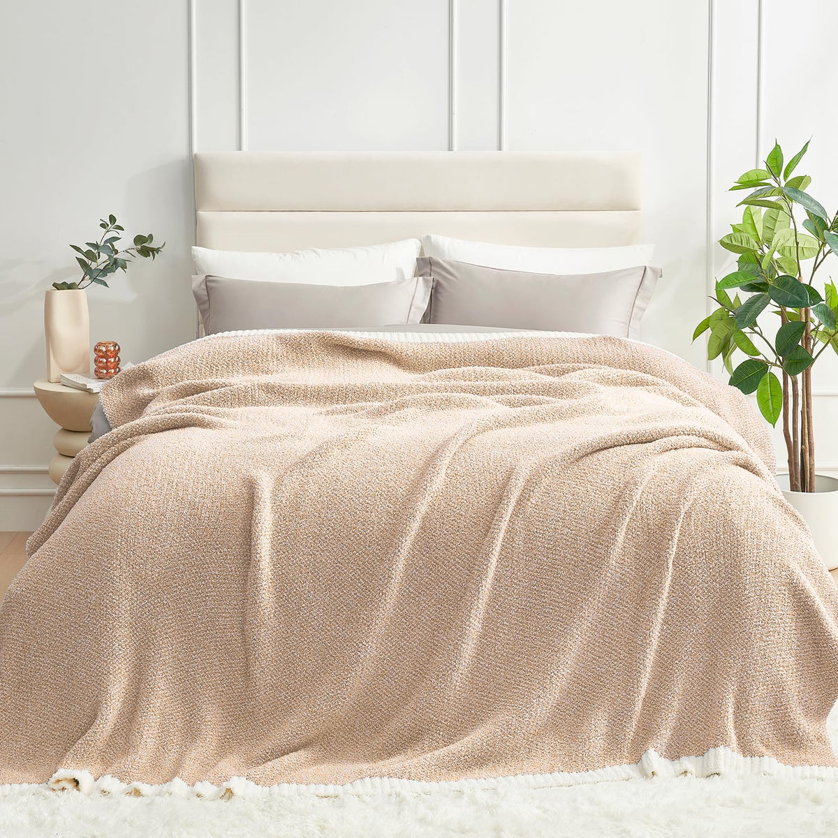 Snuggle Sac Buttery Ivory Throw Blanket for Couch, Reversible Super Soft Knitted Blankets, Warm Cozy Knit Fuzzy Plush Lightweight Throws Dupes for Sofa, Bed, Picnic, Ivory, 50 x 60 inches