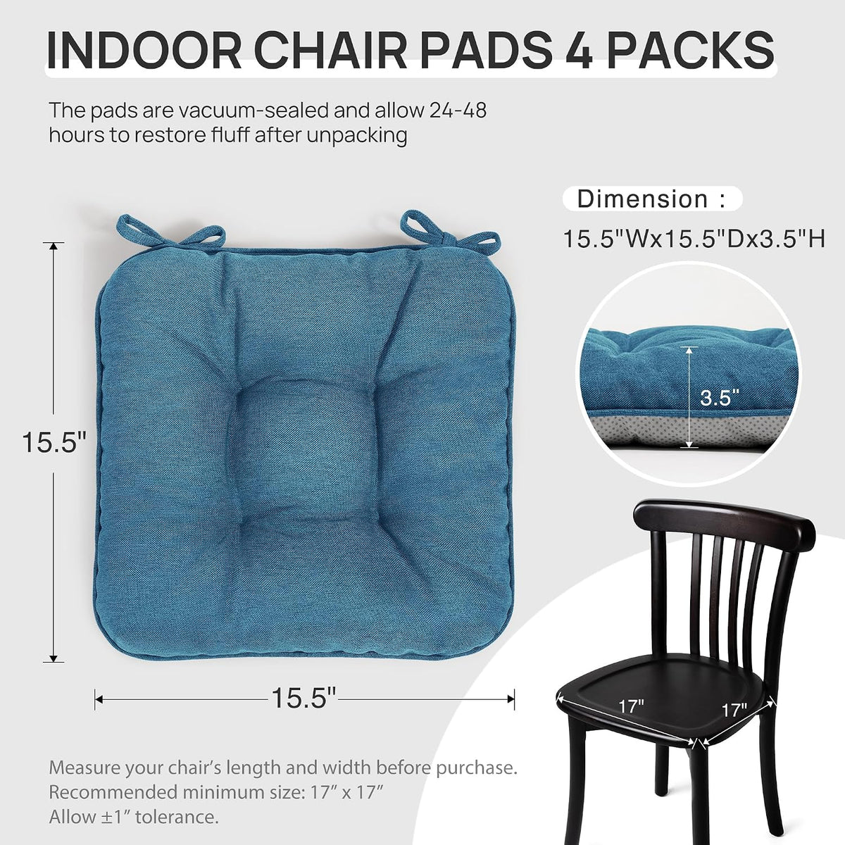 Love's cabin Memory Foam Chair Cushions Set of 4, 15.5 Inch, Blue