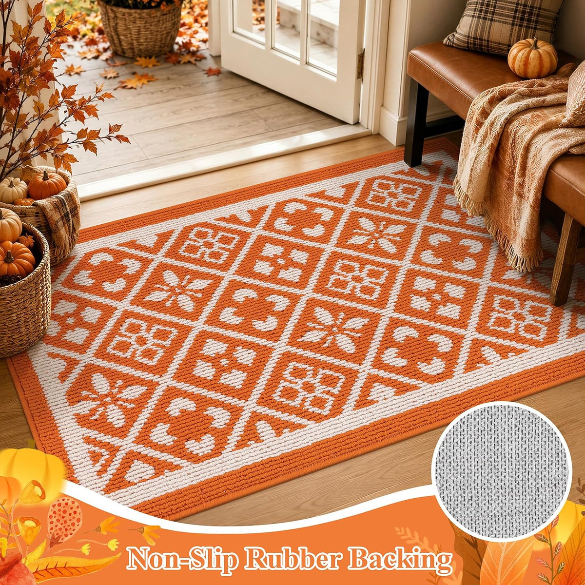 Ileading Fall Indoor Door Mat Washable Orange Muddy Rugs for Dogs 2x3ft