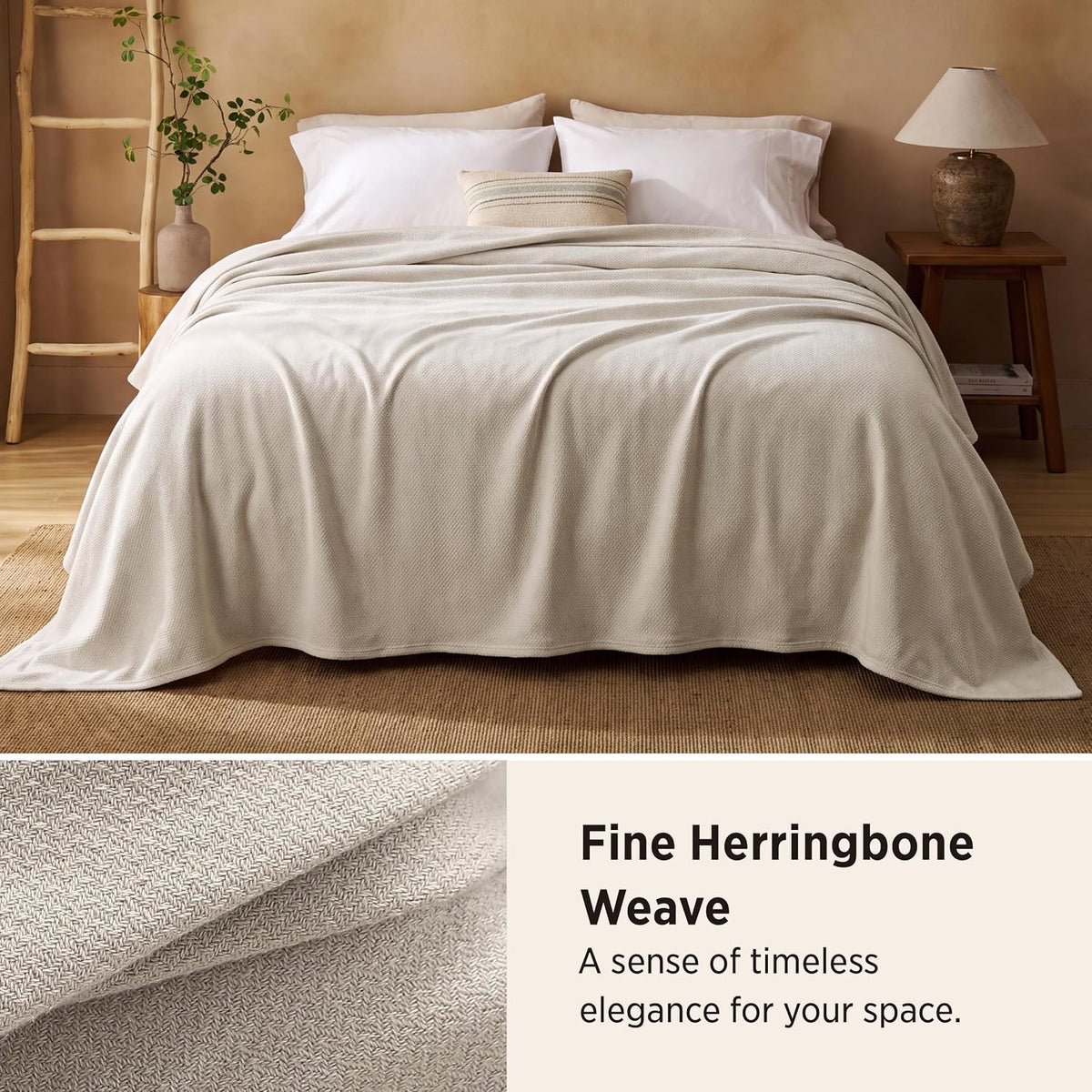 Bedsure 100% Cotton Blanket, Herringbone Weave, Throw XL, Linen Beige