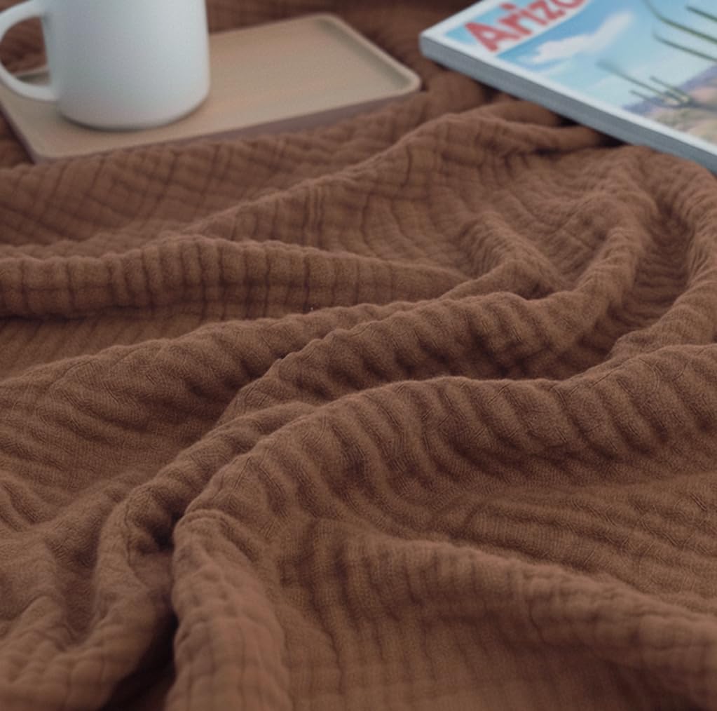 KyraHome 100% Organic Cotton Throw Muslin Blanket, 50"x60", Oatmeal Khaki