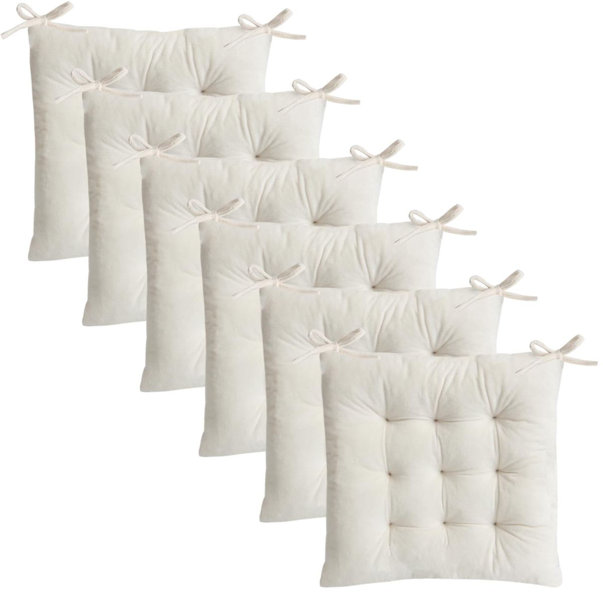 2 Pack Square Seat Cushion Chair Pads for Kitchen Dining Chairs, Soft Comfort Velvet Chair Mat Pillow Cushions with Ties for Office Desk Living Room Tatami 15.5", Ivory