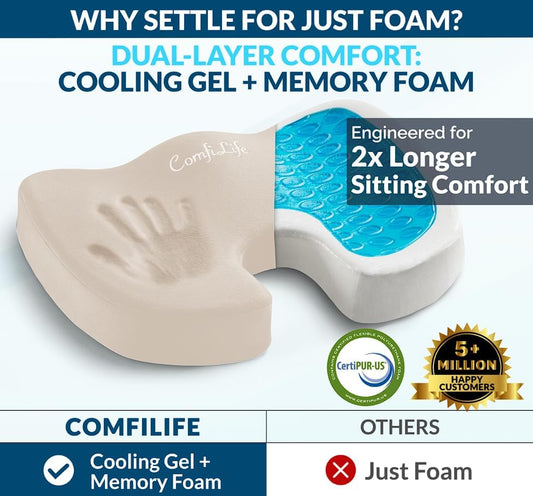 ComfiLife Doctor Recommended Seat Cushion - Premium Gel & Memory Foam Office Chair, Car Seat, Lifting Cushion - Chair Cushions for Back & Sciatica Relief - Seat Cushions for Office & Desk (Beige)