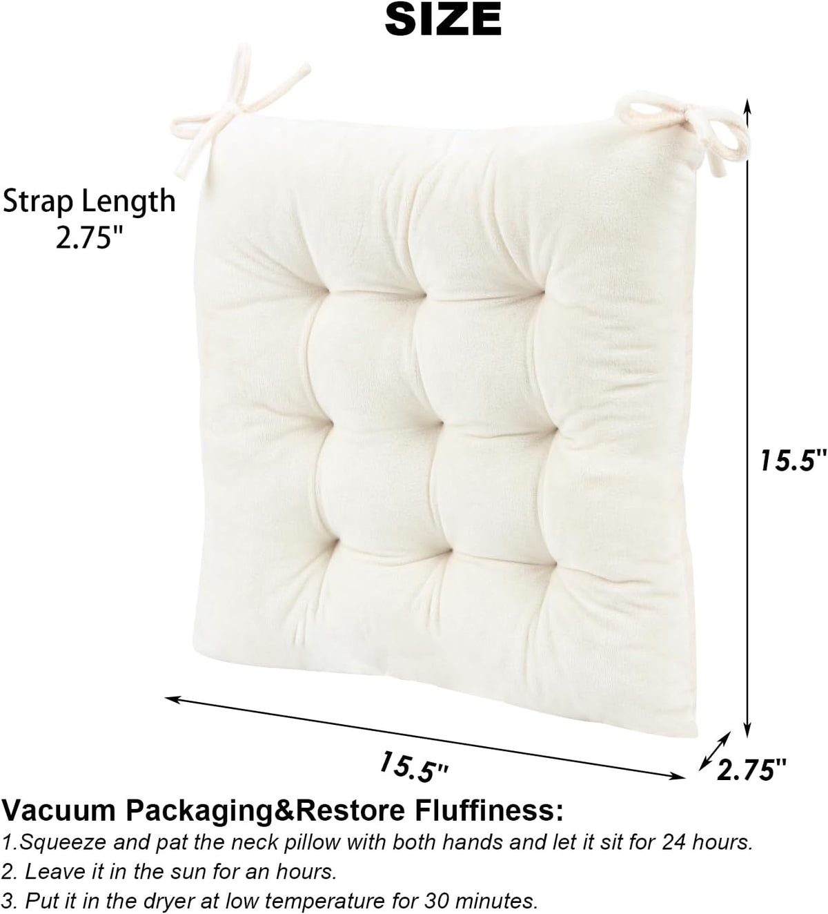 2 Pack Square Seat Cushion Chair Pads for Kitchen Dining Chairs, Soft Comfort Velvet Chair Mat Pillow Cushions with Ties for Office Desk Living Room Tatami 15.5", Ivory