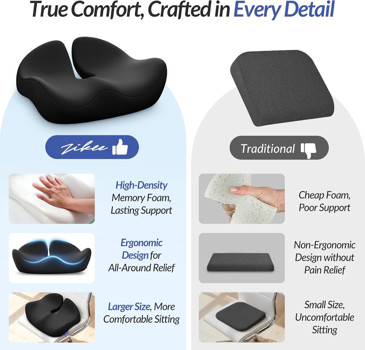 ZIKEE Ergonomic Seat Cushion for Pressure Relief, Pioneering Office Chair Cushion for Sciatica, Back, Hemorrhoids & Tailbone Pain Relief, High-Density Memory Foam Car Seat Cushion with Anti-Slip Base