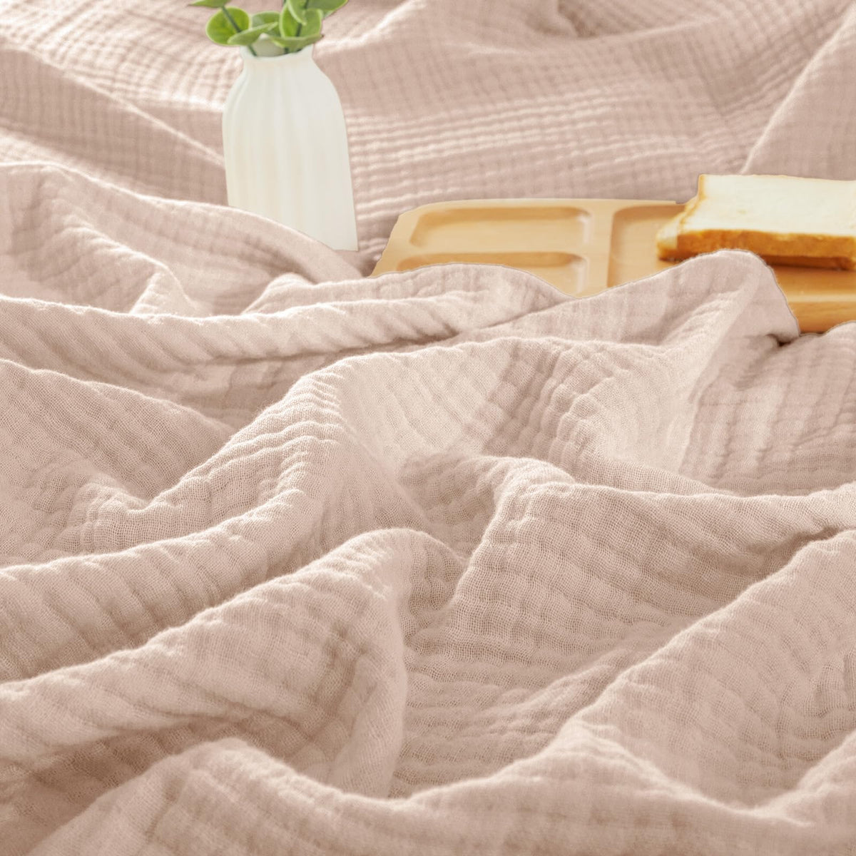 PHF 100% Cotton Muslin Blanket for Adults, Queen Size 90"X90", Taupe