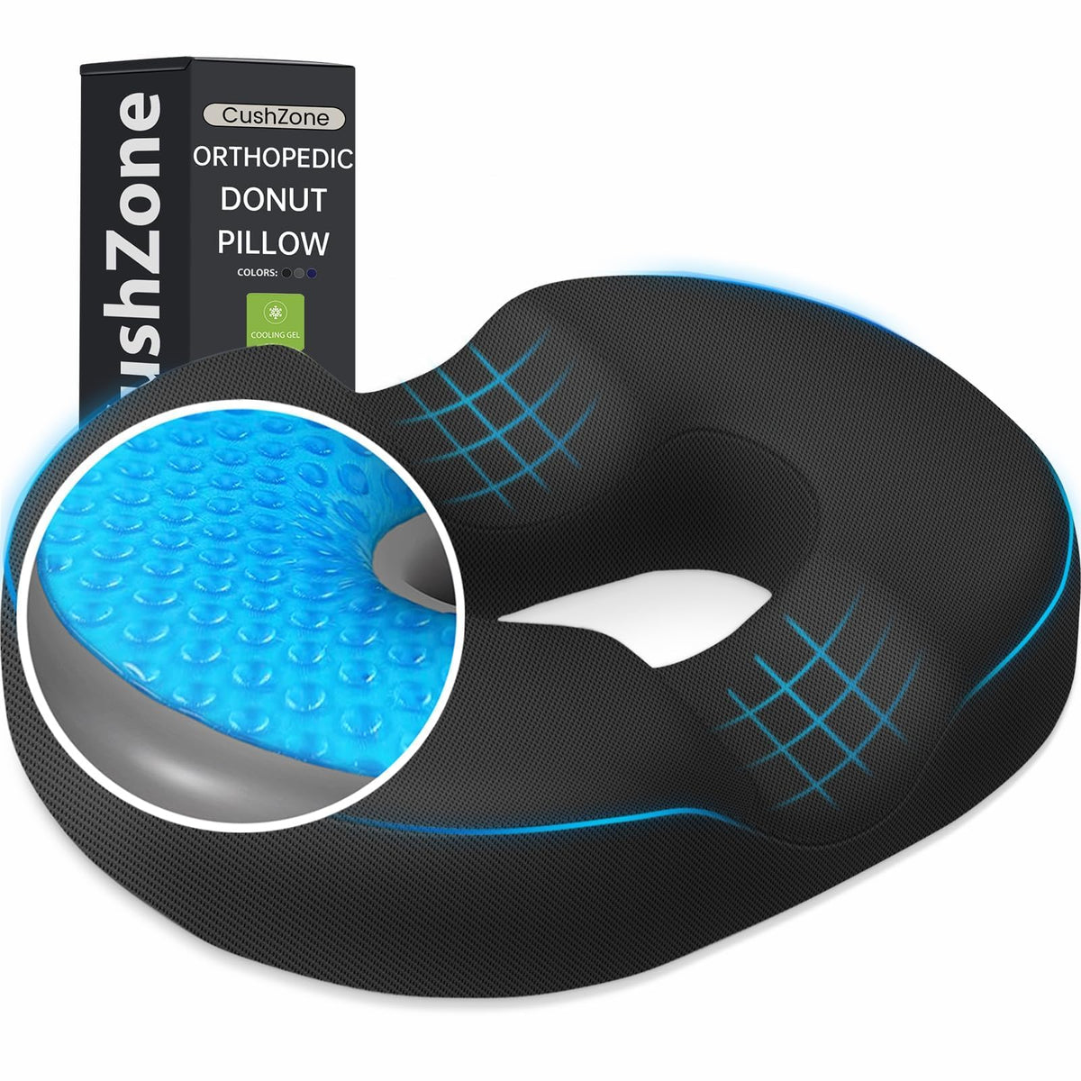 Donut Pillow Seat Cushion, Cooling Gel Memory Foam Chair Cushion, Black